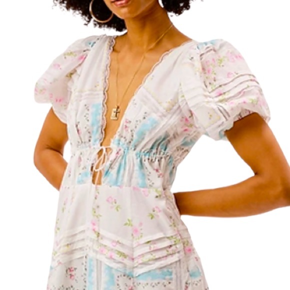 For Love & Lemons x Free People Shea XS White Blue Handkerchief Floral Lace Midi - Picture 5 of 11